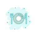 Fork, knife and plate icon in comic style. Restaurant vector cartoon illustration on white isolated background. Dinner business Royalty Free Stock Photo