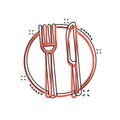 Fork, knife and plate icon in comic style. Restaurant vector cartoon illustration on white isolated background. Dinner business Royalty Free Stock Photo
