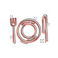 Fork, knife and plate icon in comic style. Restaurant vector cartoon illustration on white isolated background. Dinner business Royalty Free Stock Photo