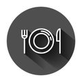 Fork, knife and plate icon in flat style. Restaurant vector illustration on black round background with long shadow. Dinner Royalty Free Stock Photo