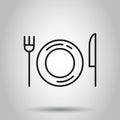 Fork, knife and plate icon in flat style. Restaurant vector illustration on isolated background. Dinner business concept Royalty Free Stock Photo