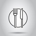 Fork, knife and plate icon in flat style. Restaurant vector illustration on isolated background. Dinner business concept Royalty Free Stock Photo