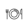 Fork, knife and plate icon in flat style. Restaurant vector illustration on white isolated background. Dinner business concept Royalty Free Stock Photo