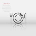 Fork, knife and plate icon in flat style. Restaurant vector illustration on white isolated background. Dinner business concept Royalty Free Stock Photo