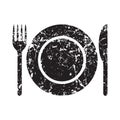Fork knife and plate icon logo. Grunge texture. Simple flat shape restaurant or cafe place sign. Kitchen and diner menu symbol.