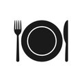 Fork knife and plate vector icon. Simple flat shape restaurant or cafe place sign. Kitchen and diner menu symbol.