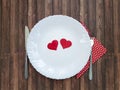 Fork and knife plate white heart wooden celebration valentine Royalty Free Stock Photo