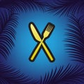 Fork and Knife sign. Vector. Golden icon with black contour at b