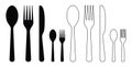 Fork, knife, spoon. Dinner icons. Silhouettes of cutlery. Set of silverware for food in restaurant. Utensil - symbol of eat, meal