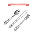 Fork, Knife, Spoon hand drawing sketch set Royalty Free Stock Photo