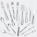 Fork, Knife, Spoon hand drawing sketch set. Royalty Free Stock Photo