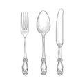 Fork, Knife, Spoon sketch set. Cutlery hand drawing collection.