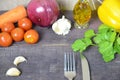 Fork and knife on the table, with vegetables, spices, olive oil and sauce, ketchup. Table ready to eat. carrots, garlic Royalty Free Stock Photo