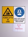 Fork lift truck warning and high visibility vest wall signs with a paper indicat