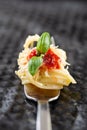 Fork with pasta wihh ketchup and basil leaf Royalty Free Stock Photo