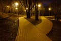 Fork of a paved pedestrian path in the park of Gorodnya river, Moscow, Russia. Royalty Free Stock Photo
