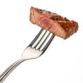 Fork with piece of meat on it isolated on white Royalty Free Stock Photo