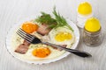 Fork on plate with fried eggs, brisket, dill, salt shaker, pepper shaker on table Royalty Free Stock Photo