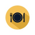 Fork, plate and knife icon vector, cutlery isolated on yellow circle, vector restaurant element
