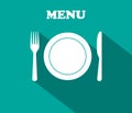 Fork, plate, knife - icons of lunch. Graphic decoration for menu of restaurant. Utensil for dinner. Cutlery for dish. Symbol of