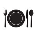 Fork, Plate, Knife and spoon icon set, Dining cutlery silhouette design, Vector illustration. Royalty Free Stock Photo