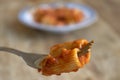 fork with rigatoni pasta with tomato sauce Royalty Free Stock Photo