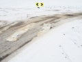 Fork, road sign fork. Crosswalk. Snowdrifts on the side of the road. Bad weather and traffic. Snow on asphalt. Difficult Royalty Free Stock Photo