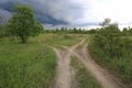 Fork roads in steppe before thunderstorm