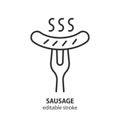 Fork with sausage line icon. Oktoberfest food vector symbol. Editable stroke