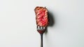 Fork with slices of beef steak medium rare, white clean background. Aesthetic restaurant concept. Generative AI