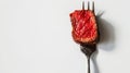 Fork with slices of beef steak medium rare, white clean background. Aesthetic restaurant concept. Generative AI