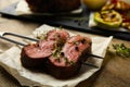 Fork with slices of grilled meat Royalty Free Stock Photo