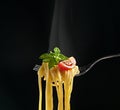 Fork with spaghetti, tomato and basil isolated on a black background. Hot spaghetti with steam