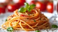 Fork with spaghetti, tomato sauce and basil. Royalty Free Stock Photo