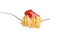 Fork with spaghetty and ketchup