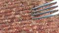Fork spend on raw chicken minced meat, close-up shot top view Royalty Free Stock Photo