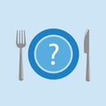 Fork spoon and blue plate with question mark Royalty Free Stock Photo