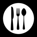 Fork spoon and knife black and white silhouettes on a circle, vector