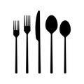 Fork, spoon, knife icon. Cutlery set. Modern silverware or tableware black silhouette. Royalty Free Stock Photo