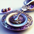 Fork and spoon on a plate with a pattern. 3d rendering Generative AI Royalty Free Stock Photo