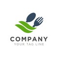 Fork and spoon restaurant logo design with green leaf