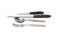 Fork, spoon and two knives on a white background Royalty Free Stock Photo