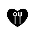 Fork and spoon white simple silhouettes in heart black shape icon. Cutlery in your kitchen design  illustration. EPS 10. Royalty Free Stock Photo