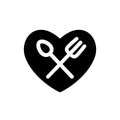 Fork and spoon white simple silhouettes in heart black shape icon. Cutlery in your kitchen design  illustration. EPS 10. Royalty Free Stock Photo