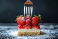 Fork taking piece of strawberry from cheesecake covered in powdered sugar on black background Royalty Free Stock Photo