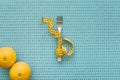 fork tape measure oranges. High quality photo Royalty Free Stock Photo