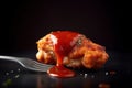 Fork with tomato sauce. Boneless chicken piece with sauce in a fork.