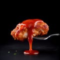 Fork with tomato sauce. Boneless chicken piece with sauce in a fork.