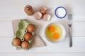 Fork for whipping eggs and raw eggs in a bowl Royalty Free Stock Photo