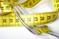 Fork wrapped in measure tape in diet and overweight concept Royalty Free Stock Photo